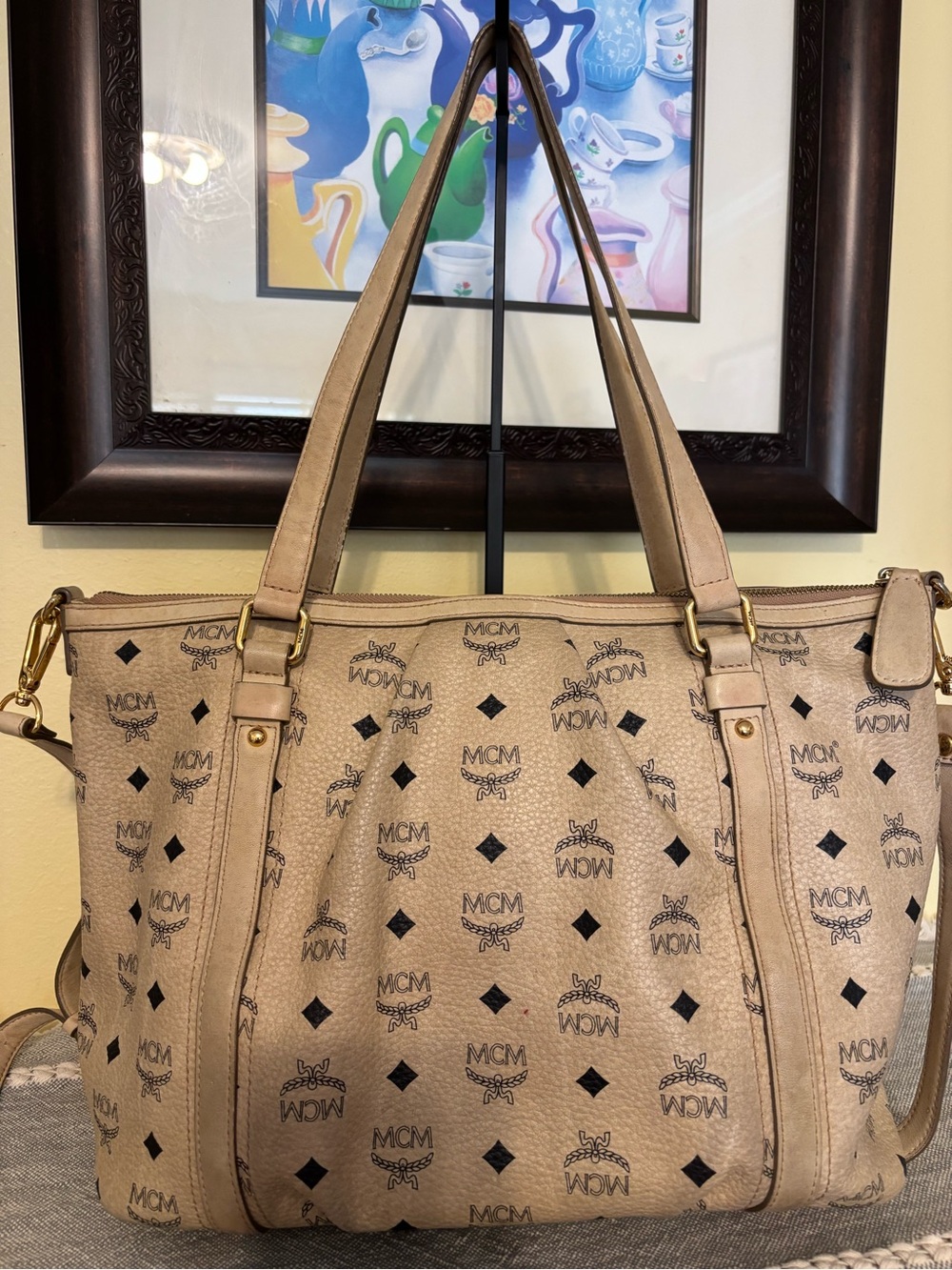 MCM Beige Logo Monogram Tote with Gold Plaque - Picture 2 of 14